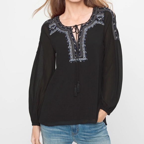 WHBM White House Black Market Tansy Boho Embroidered Blouse Womens 14P Petite - Picture 1 of 11